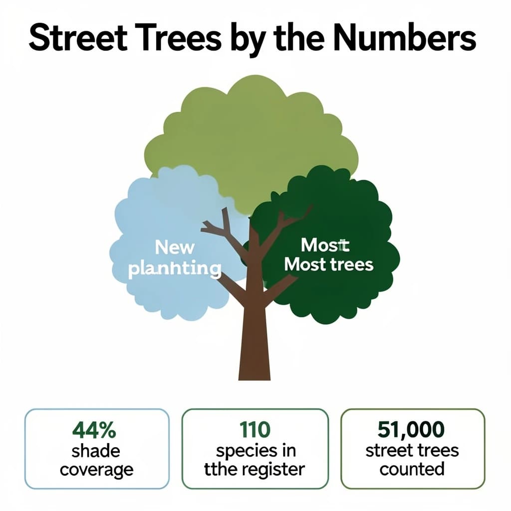 Flat infographic titled "Street Trees by the Numbers": at the center a labeled street-tree diagram, carrying two keyed regions, "New planting" shaded light blue and "Most trees" shaded dark green, beside a bottom row of three stat chips reading "44% shade coverage", "110 species in the register" and "51,000 street trees counted".