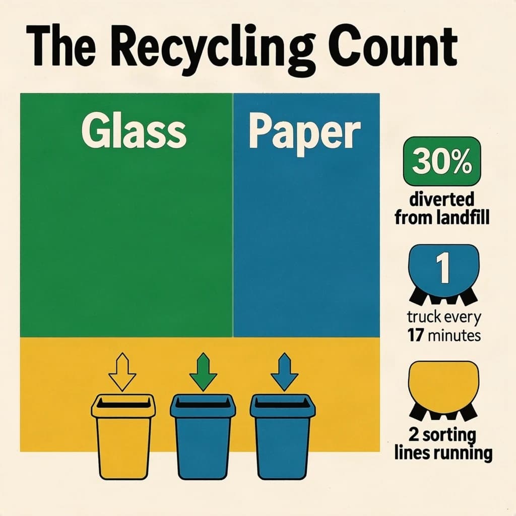 Printed poster titled "The Recycling Count". Three sorting bins with arrows to their destinations sits at the center, carrying two keyed regions, "Glass" shaded green and "Paper" shaded blue. Three stat chips run down a right column, reading "30% diverted from landfill", "1 truck every 17 minutes" and "2 sorting lines running". Each key color matches the shading of the region it names.