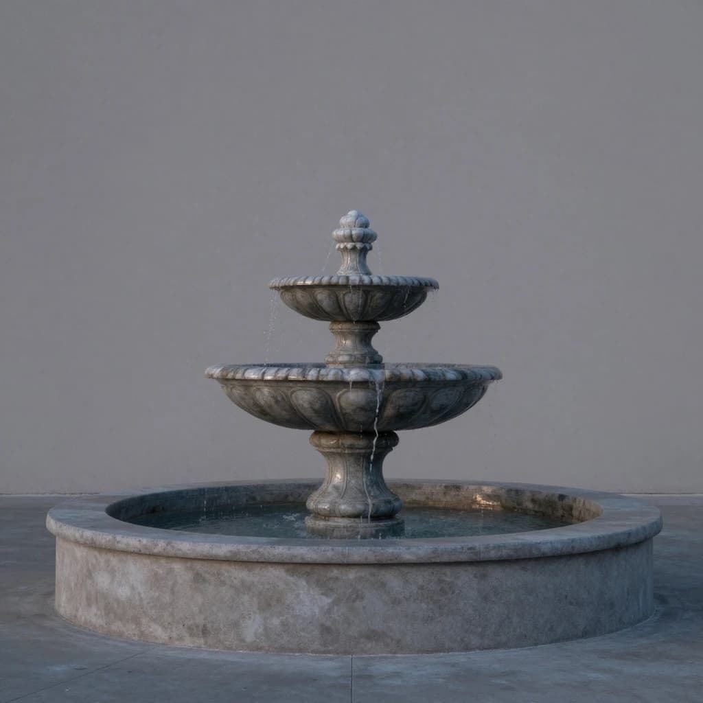 one marble fountain against plain concrete, dusk