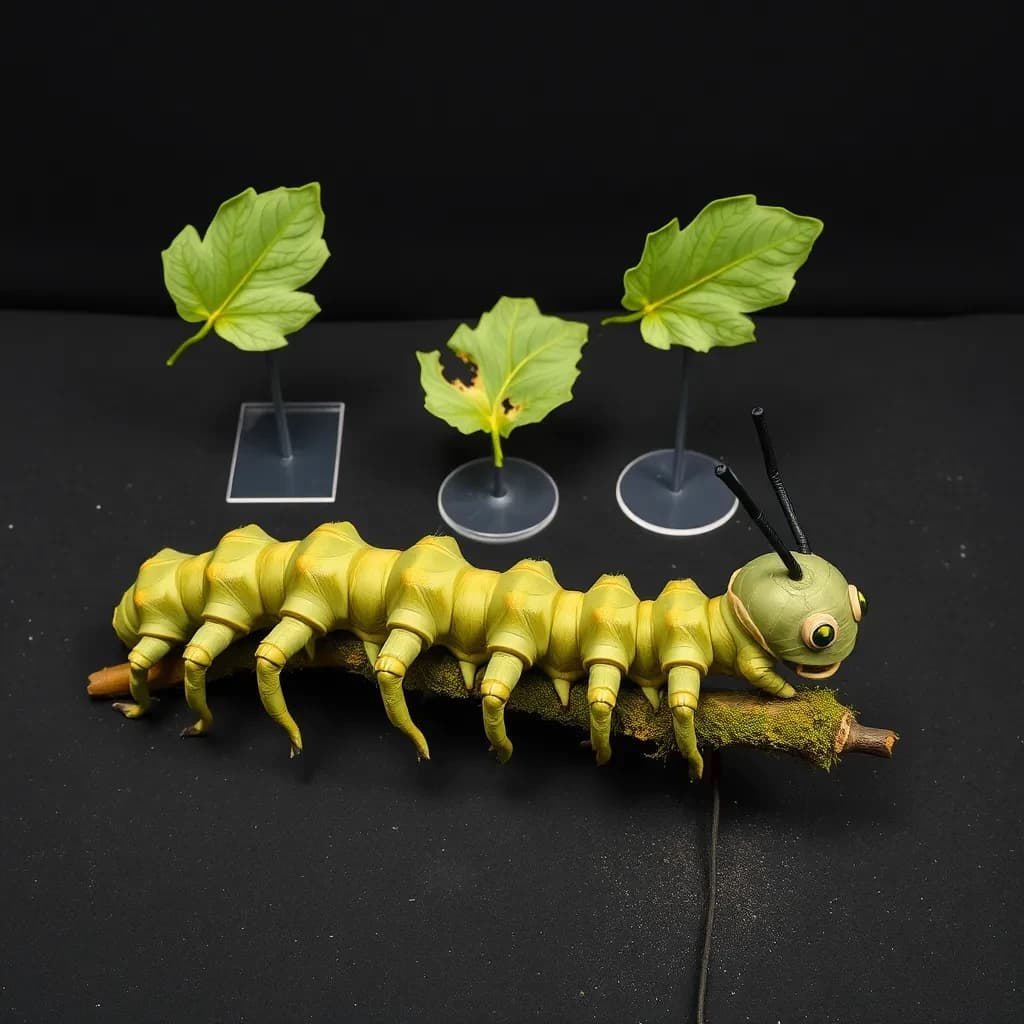 Macro photography of a practical effects test on a soundstage floor. A metre-long animatronic caterpillar puppet, dull green with a cream stripe, arched over a moss-covered branch: eight pairs of stubby legs, the front three pairs gripping the branch, the rest hanging free. Two thin black rods run out of frame to the right where a puppeteer's hands are just visible, and a third rod supports the head, which is turned toward camera with its mandibles open. Behind it, three sprayed foam leaves on stands, the middle one already chewed through. Hard key from above, black felt background, dust in the air.