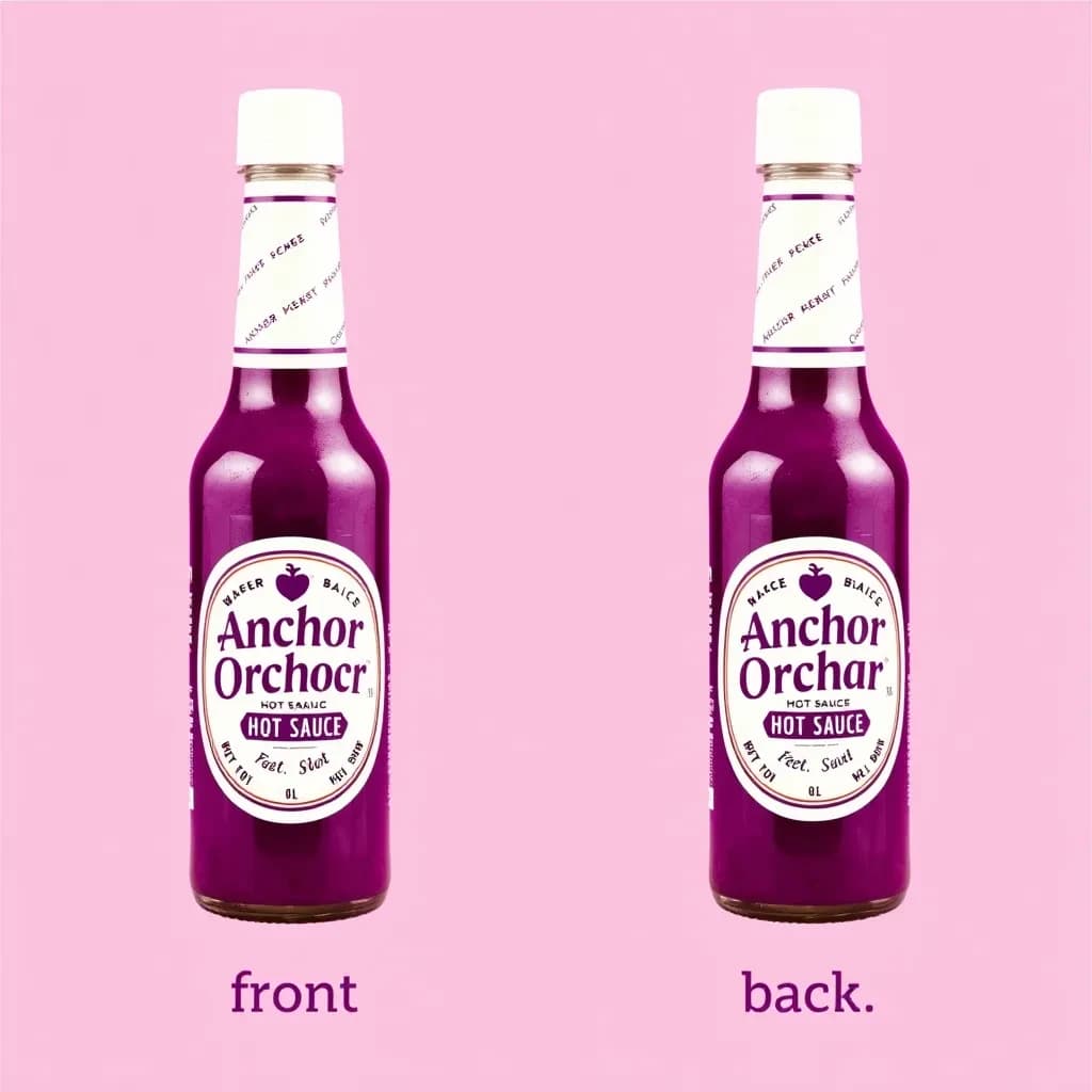 Printed poster: one hot-sauce bottle in two views. The views are captioned "front" and "back" in that order. The wordmark "Anchor Orchard" appears on every view. The purple-and-white coloring is the same across every view, and only the angle changes.