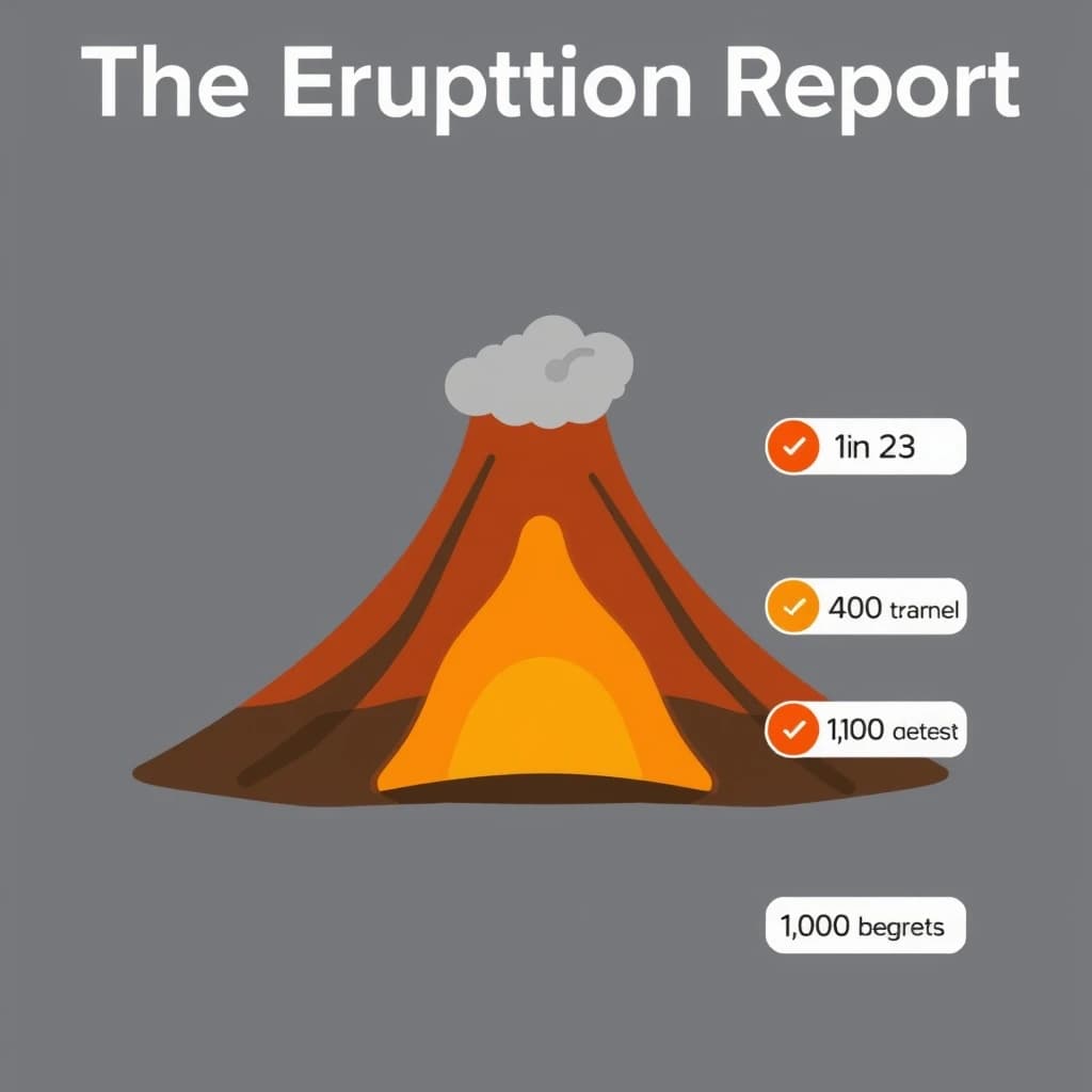 Flat vector illustration titled "The Eruption Report". A cutaway cone sits at the center, carrying three keyed regions, "Lava channel" shaded red, "Ash cloud" shaded gray and "Magma chamber" shaded orange. Three stat chips run down a right column, reading "810 tremors before the last eruption", "1 in 23 erupt each decade" and "1,000 degrees at the vent". Each key color matches the shading of the region it names.