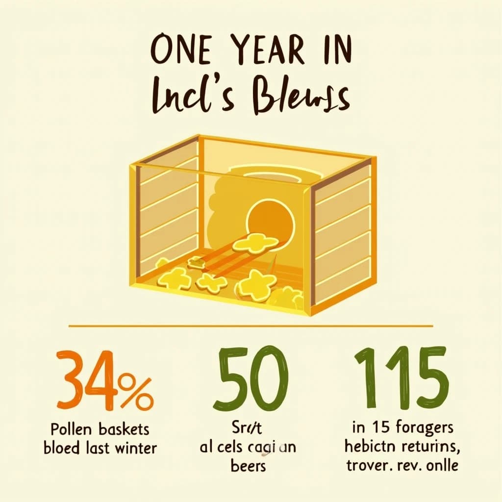 Printed poster titled "Hive, One Year In": at the center a cutaway of a hive frame, carrying two keyed regions, "Pollen basket" shaded amber and "Brood cells" shaded olive, beside a bottom row of three stat chips reading "34% of hives lost last winter", "50 crops rely on bees" and "1 in 15 foragers never returns".