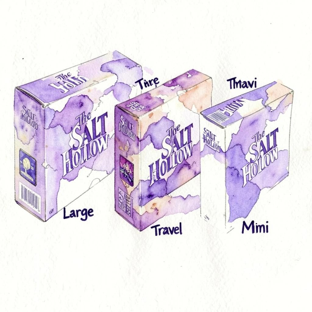 Watercolor of the same board-game box drawn in three editions, captioned "Large", "Travel" and "Mini", every edition carrying the wordmark "The Salt Hollow" in the same purple-and-white coloring, only the box size changing.