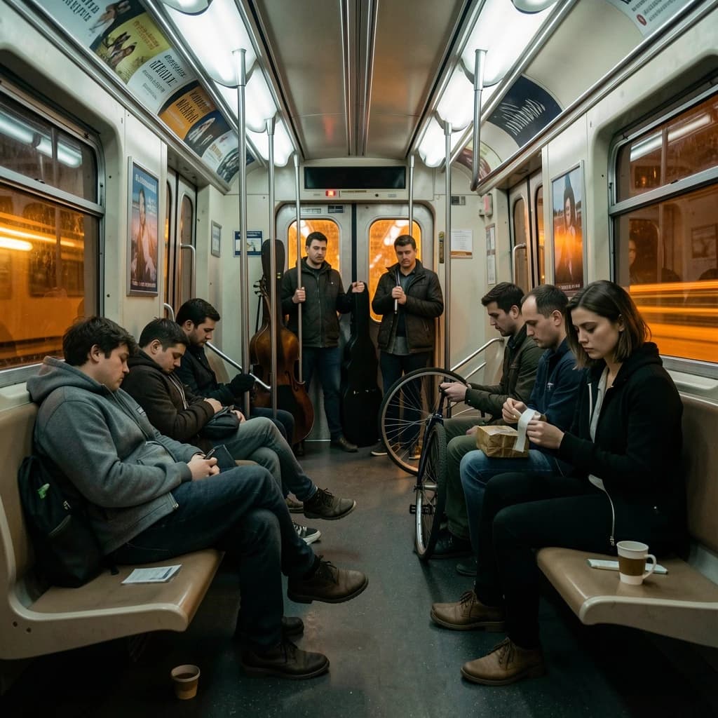 Cinematic photograph inside a late night subway car, handheld, lit only by flickering ceiling strips and orange platform light sliding past the windows. Nine passengers down the car: the three on the left bench all sleep with heads tipped at different angles, the four on the right bench are awake, one folding a paper bag, one holding a bike wheel upright between his knees, one wrapping her own wrist in tape, one staring straight into the lens. Two more stand at the far doors gripping the same pole with a violin case wedged between them. An empty seat beside the nearest sleeper, a coffee cup rolling under it.
