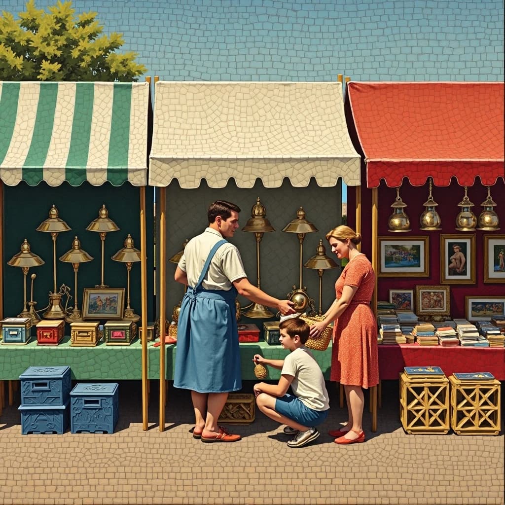 Glass tile mosaic of a Sunday flea market seen from a slightly raised angle, small square tesserae and warm terracotta grout. Three stall awnings in a row: the left one striped green and white over stacked vinyl crates, the middle plain canvas over six brass lamps with only the two tallest wearing shades, the right red awning hung with nine framed pictures in three rows of three. Under the middle awning a vendor in an apron hands a teapot across the table to a woman holding a straw basket, while a boy crouches at her feet by a crate of records. No lettering anywhere.