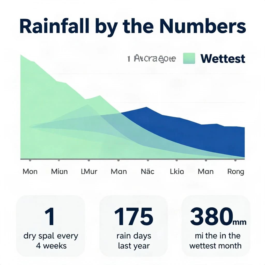 Flat infographic titled "Rainfall by the Numbers": at the center a twelve-month rainfall timeline, carrying two keyed regions, "Average" shaded pale green and "Wettest" shaded dark blue, beside a bottom row of three stat chips reading "1 dry spell every 4 weeks", "175 rain days last year" and "380mm in the wettest month".