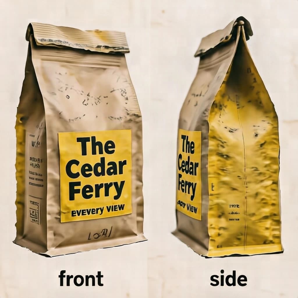 Cut-paper collage: one coffee bag in two views. The views are captioned "front" and "side" in that order. The wordmark "The Cedar Ferry" appears on every view. The black-and-yellow coloring is the same across every view, and only the angle changes.
