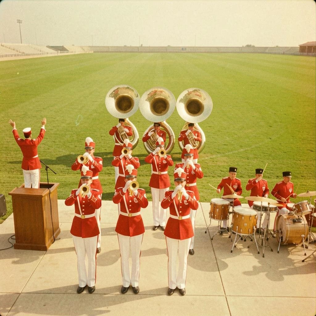 Nineteen seventies Kodachrome-era colour film look, faded warm grain and slight overexposure: a high school marching band seen from a stadium walkway. Front rank of five trumpet players in red and white uniforms, all with horns raised. Behind them three sousaphones in a triangle, the middle player caught mid turn. A line of four drummers to the right, the snare drummer nearest the camera mid stroke. A single drum major stands on a podium at the far left with his back to us, arms up. Empty green field behind them.