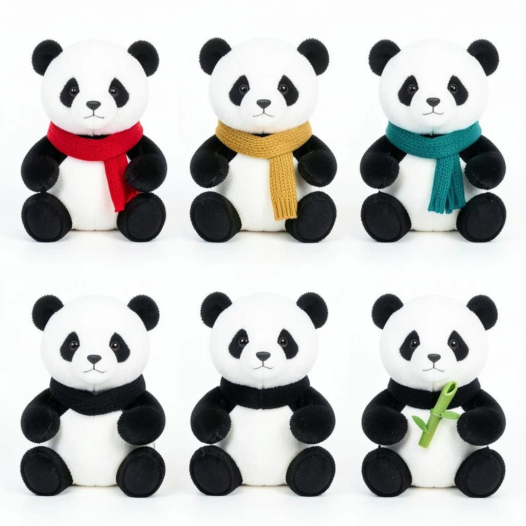 Studio product photography, plain white variant grid: six panda plushes in two rows of three, all seated facing camera. The top row wears knit scarves in red, mustard and teal. The bottom three wear no scarves, each holding a small felt bamboo shoot.