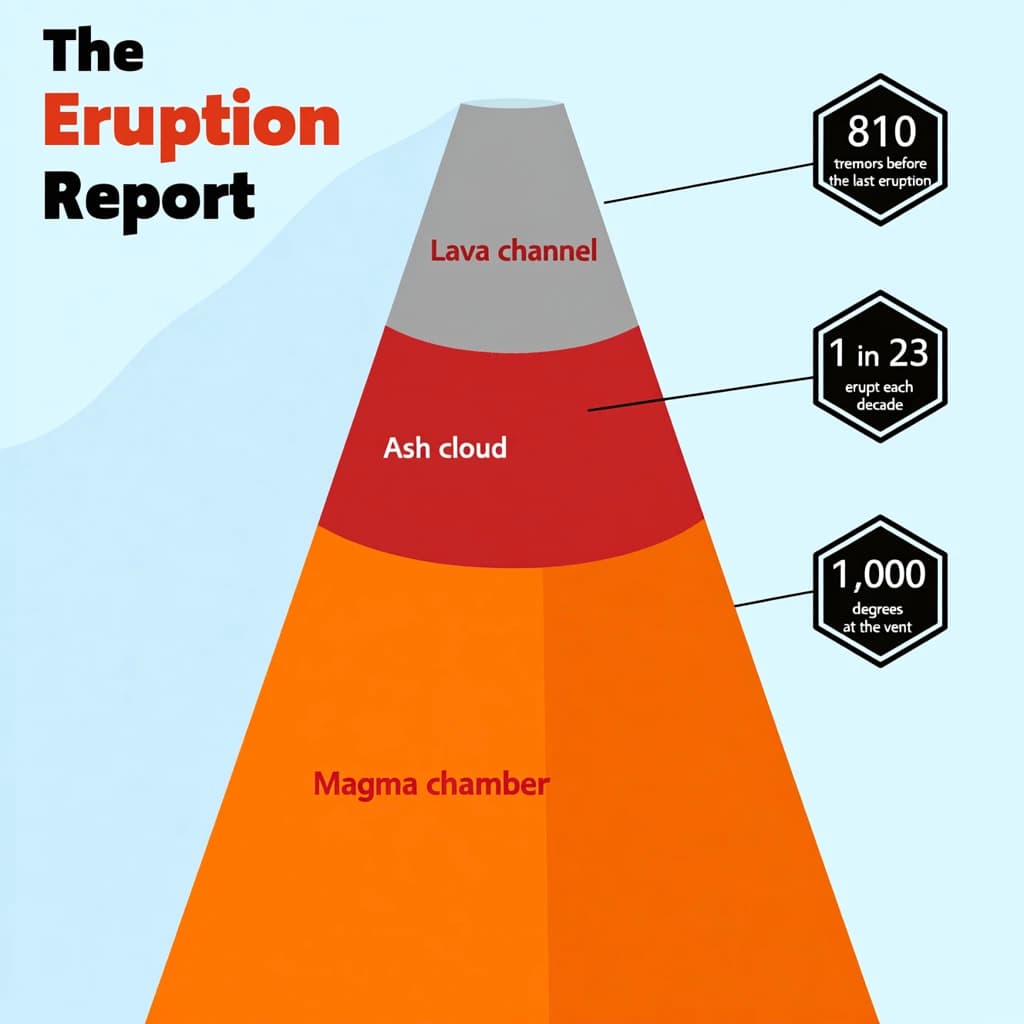 Flat vector illustration titled "The Eruption Report". A cutaway cone sits at the center, carrying three keyed regions, "Lava channel" shaded red, "Ash cloud" shaded gray and "Magma chamber" shaded orange. Three stat chips run down a right column, reading "810 tremors before the last eruption", "1 in 23 erupt each decade" and "1,000 degrees at the vent". Each key color matches the shading of the region it names.