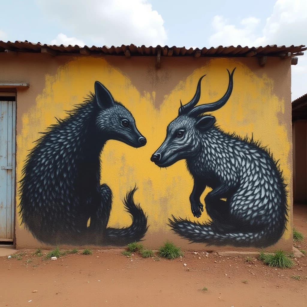 Civet and Aardvark in Yamoussoukro, Côte d'Ivoire in the style of graffiti
