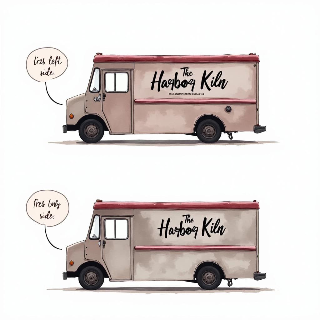 Watercolor of the same food truck drawn in two sides, captioned "left side" and "front", every side carrying the wordmark "The Harbor Kiln" with a simple crown outline beside it in the same maroon-and-gray coloring, only the side changing.