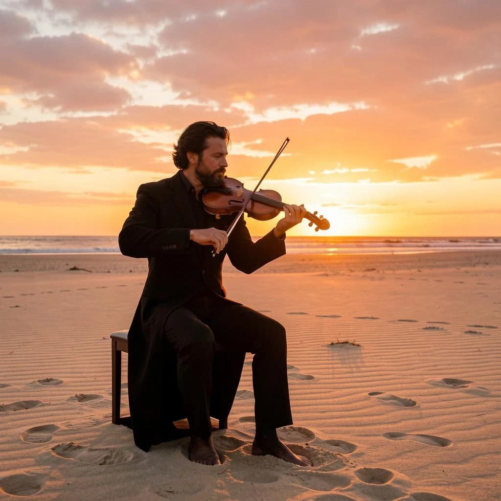 still violinist on open sand, sunset