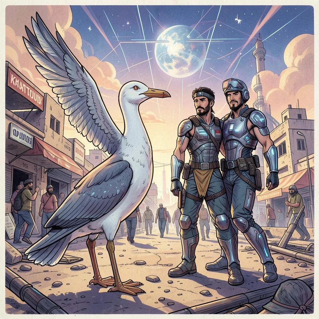 Seagull and Odonate in Khartoum, Sudan in the style of futurism