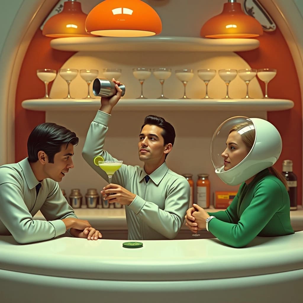 In-game screenshot from a lounge sim aboard an orbital hotel, all curved white plastic, orange bubble lamps and chrome trim in nineteen sixties Space Age design. A four-armed bartender shakes a tin with two arms while pouring a margarita with a third and sliding a coaster across with the fourth. Three customers at the bar: the one in a silver jumpsuit holds a salt-rimmed margarita, the one in green holds nothing, the one in a bubble helmet is asleep on folded arms. Behind them a rack holds nine coupe glasses, the five on the upper shelf frosted, the four below clear. Bottom-left interface: a tip counter reading "142 credits", a shaker cooldown ring, and a chip reading "Order 3 of 8".