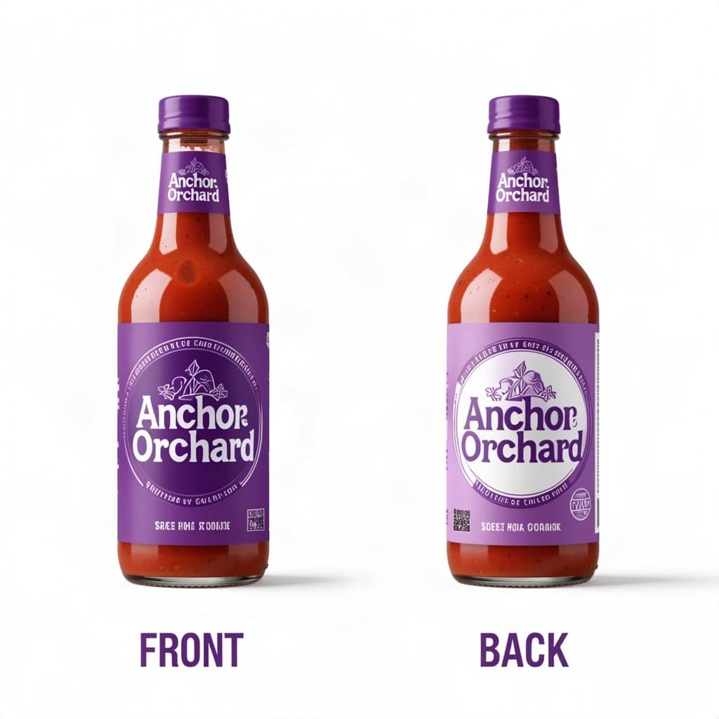 Printed poster: one hot-sauce bottle in two views. The views are captioned "front" and "back" in that order. The wordmark "Anchor Orchard" appears on every view. The purple-and-white coloring is the same across every view, and only the angle changes.