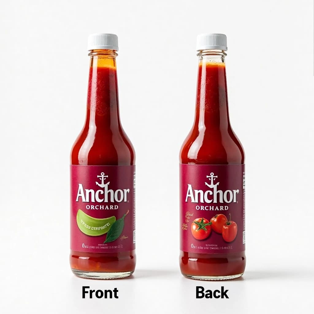 Printed poster: one hot-sauce bottle in two views. The views are captioned "front" and "back" in that order. The wordmark "Anchor Orchard" appears on every view. The purple-and-white coloring is the same across every view, and only the angle changes.