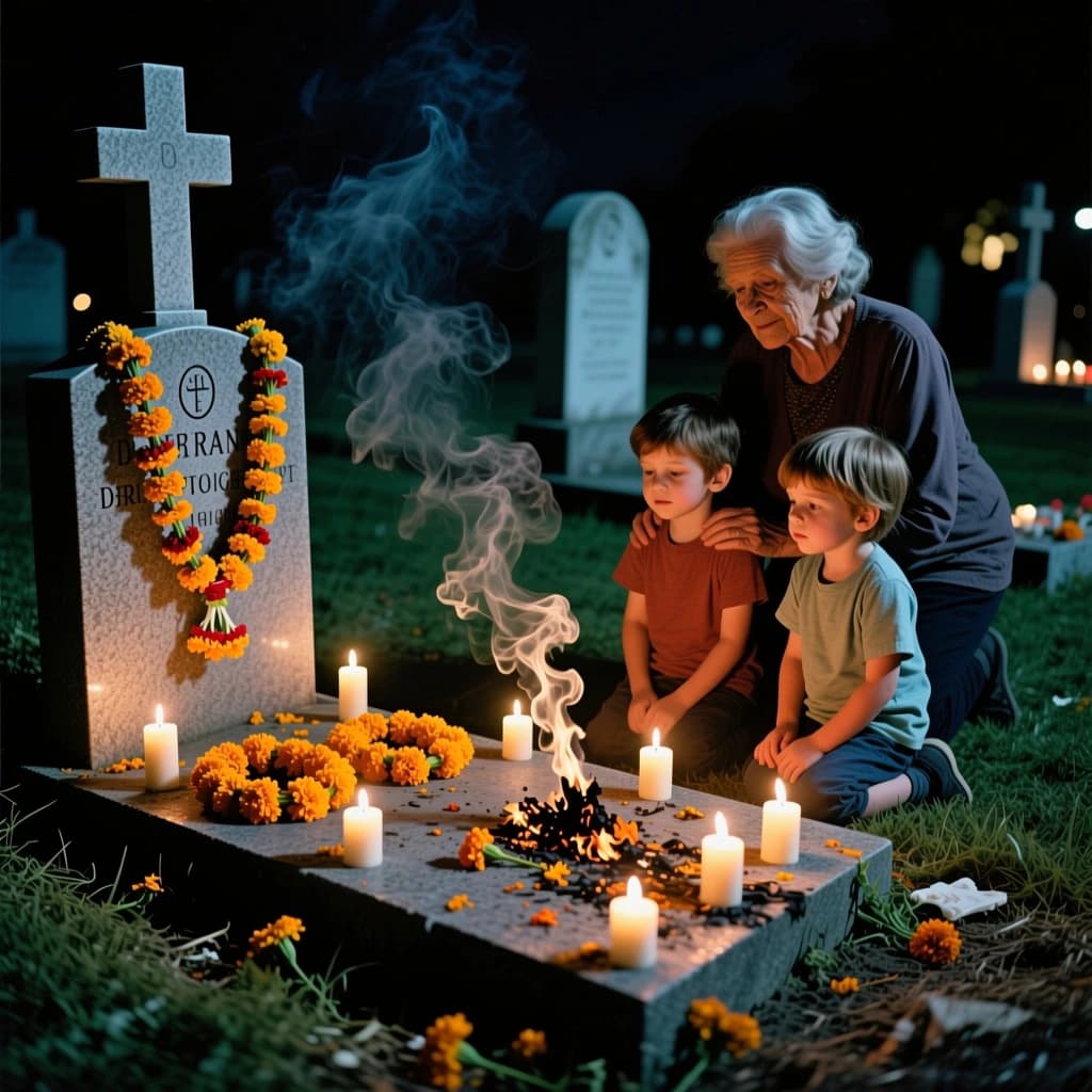 Photojournalism frame from a cemetery vigil at night: one grave slab carrying seven marigold garlands and nine lit candles, three of the candles guttered out and smoking, a grandmother and two children kneeling along the near edge.