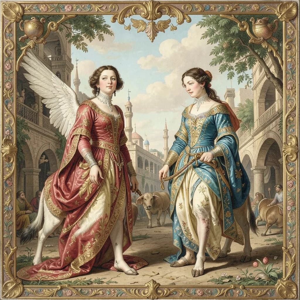 Aerie and Artiodactyl in Baghdad, Iraq in the style of rococo