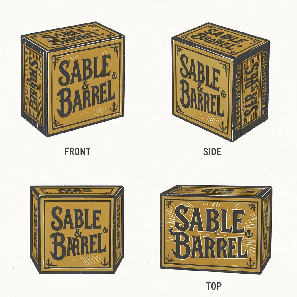 Linocut print: one board-game box in three views. The views are captioned "front", "side" and "top" in that order. The wordmark "Sable & Barrel" appears on every view with a small anchor mark beside it. The mustard-and-charcoal coloring is the same across every view, and only the angle changes.