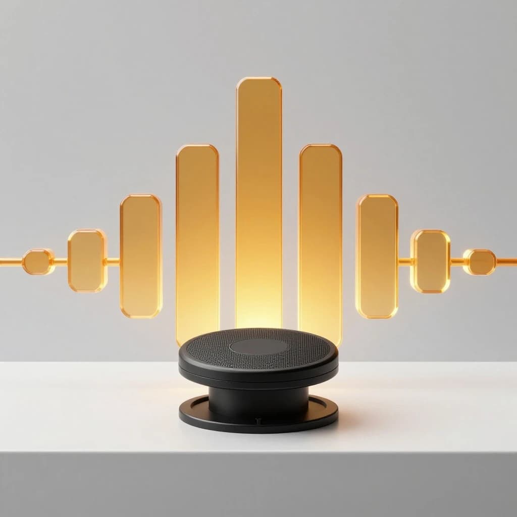 Cinematic 3D render of a matte black speaker puck on a white plinth, with a sound waveform behind it built from fourteen glowing amber bars in a gentle curve, the three tallest centred directly behind the puck and the bars shortening evenly toward both ends.