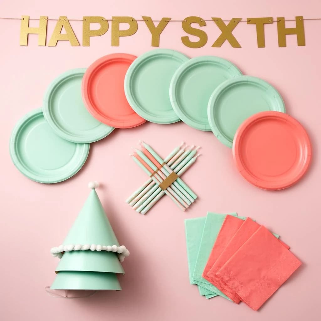 Flat lay photograph on pale pink paper, lit softly from above.
Eight paper plates fanned in an arc across the top of the frame, alternating mint and coral, four of each, mint first from the left.
Below the arc, twelve striped candles bundled under a paper band, laid diagonally.
Three cone party hats stacked at the lower left, only the middle hat trimmed with a pom pom.
At the lower right, six folded napkins in two piles of three, one pile mint and one coral.
A paper banner strung across the very top spells "HAPPY SIXTH" in gold letters, a few letters overlapping the plate arc.