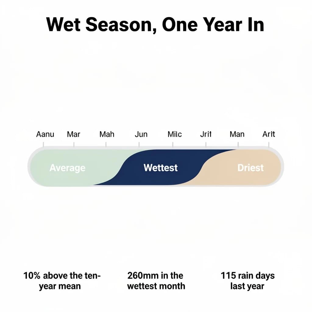 Flat vector illustration titled "Wet Season, One Year In". A twelve-month rainfall timeline sits at the center, carrying three keyed regions, "Average" shaded pale green, "Wettest" shaded dark blue and "Driest" shaded sand. Three stat chips run down a bottom row, reading "10% above the ten-year mean", "260mm in the wettest month" and "115 rain days last year". Each key color matches the shading of the region it names.