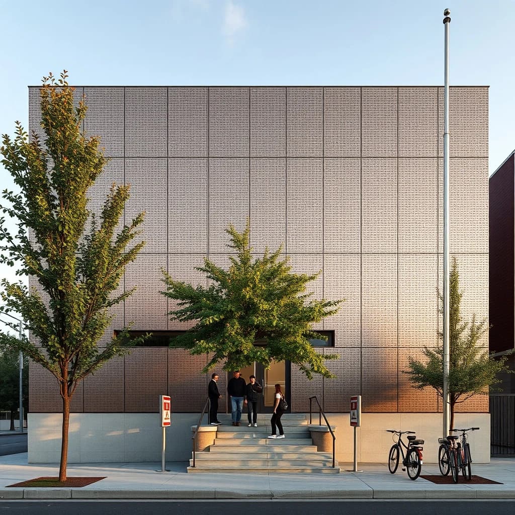 Photorealistic exterior render, late afternoon, of a small civic library clad in perforated bronze panels whose holes form a halftone pattern, dense and dark at the base and fading to sparse near the parapet.
Nine panels span the main facade in three bays of three, and the middle bay slides open to reveal clear glazing behind. Two street trees stand in front, the taller one shading the entrance stair, the shorter one set back beside a bike rack holding four bikes. Five people on the stair, three climbing and two seated near the handrail. One flagpole, bare.