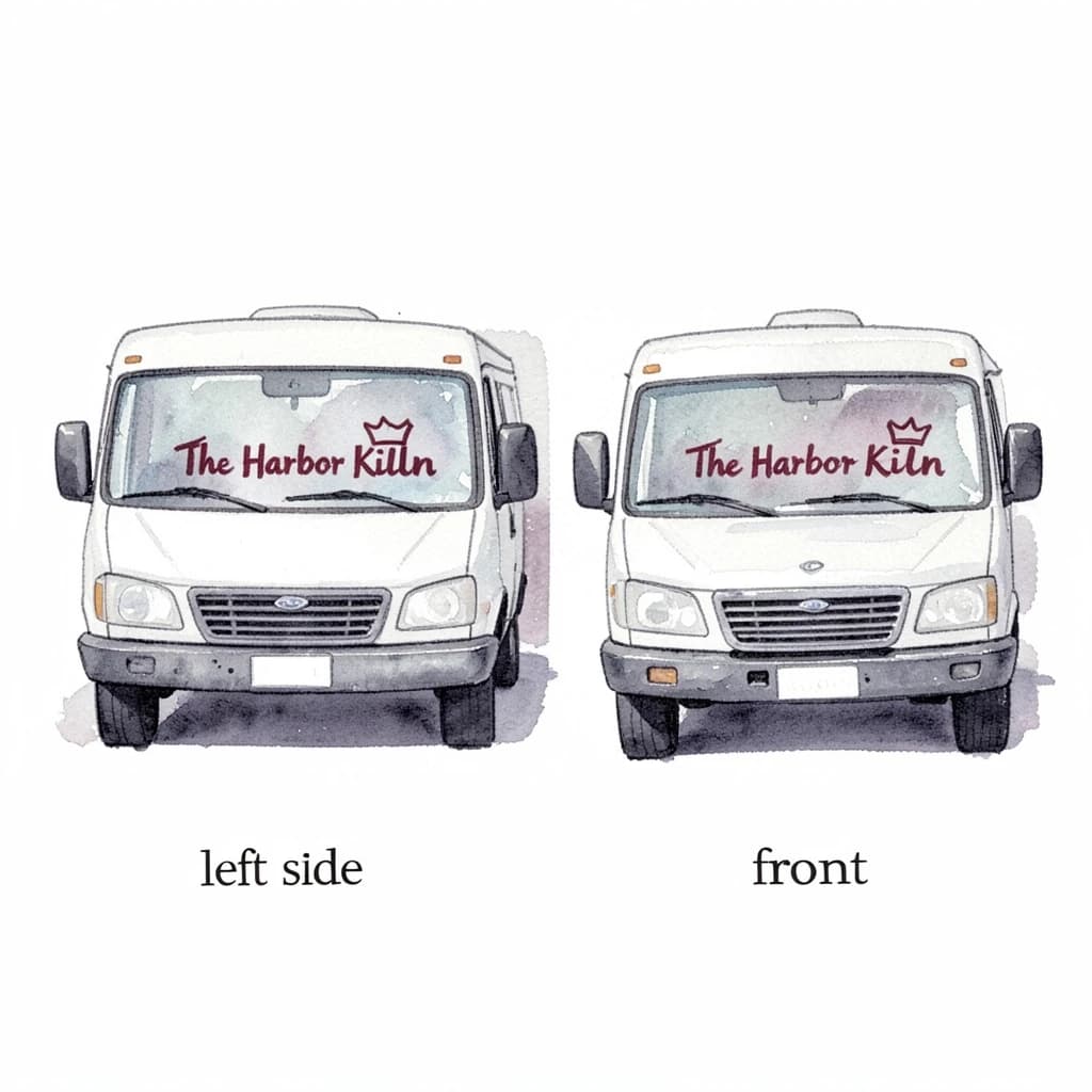Watercolor of the same food truck drawn in two sides, captioned "left side" and "front", every side carrying the wordmark "The Harbor Kiln" with a simple crown outline beside it in the same maroon-and-gray coloring, only the side changing.