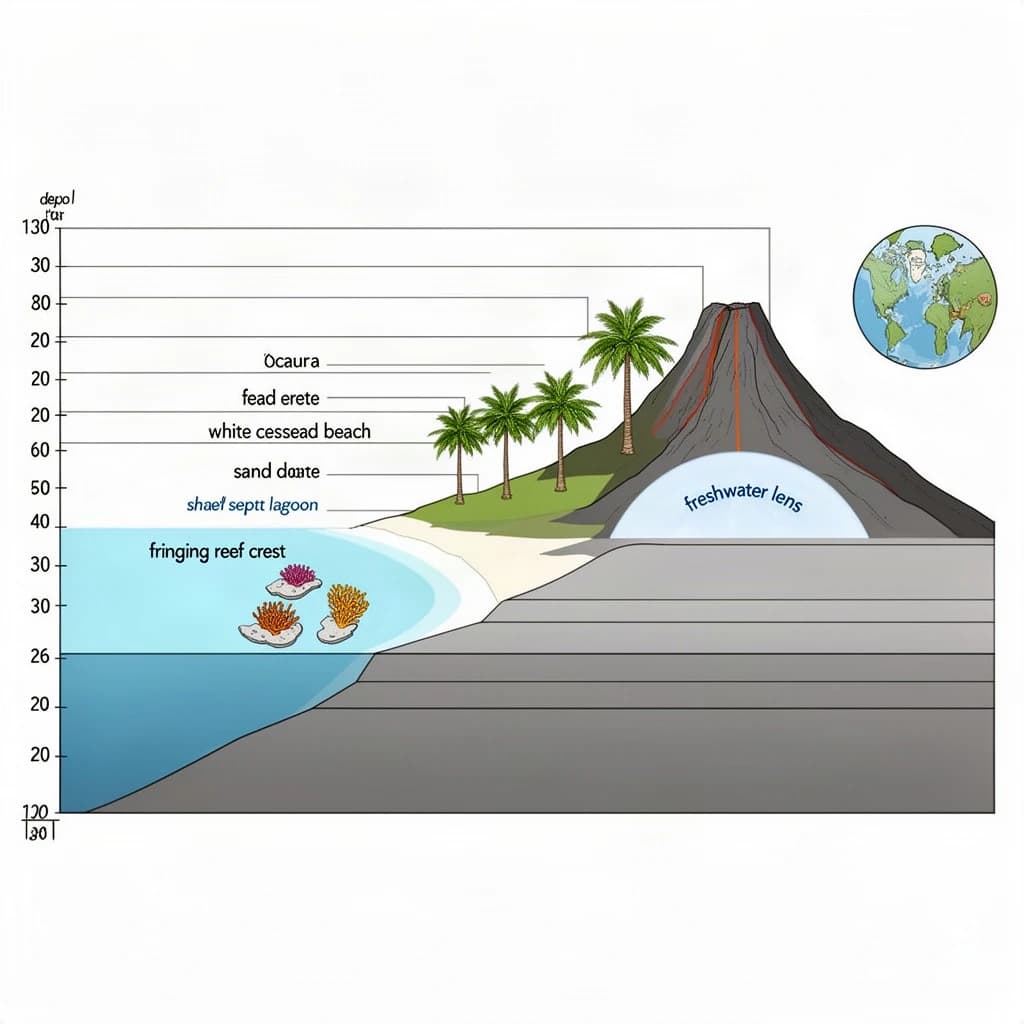 Cross section of a volcanic tropical island as a flat academic figure with clean colour blocks and a horizontal sea level line. Reading from the ocean on the left toward the right: a fringing reef crest, a shallow lagoon holding three coral heads, a white sand beach, a coconut palm belt of five trees, then a rising basalt cone with two lava layers picked out in darker grey, and a freshwater lens drawn as a pale blue dome under the middle of the island. Below sea level the flanks drop in three stepped terraces to a flat deep floor. Eight leader line labels, a depth scale down the left edge, and a small locator inset in the top right.