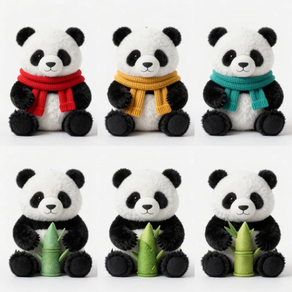Studio product photography, plain white variant grid: six panda plushes in two rows of three, all seated facing camera. The top row wears knit scarves in red, mustard and teal. The bottom three wear no scarves, each holding a small felt bamboo shoot.