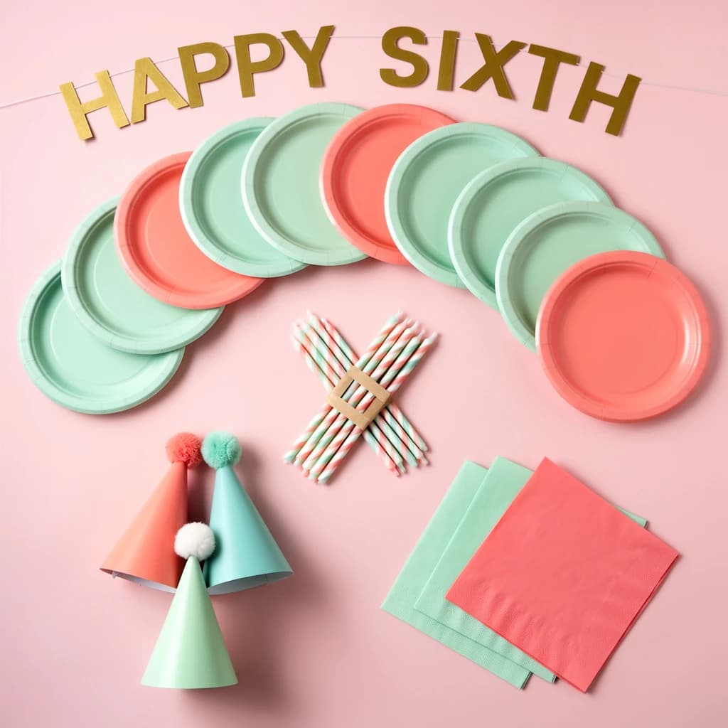 Flat lay photograph on pale pink paper, lit softly from above.
Eight paper plates fanned in an arc across the top of the frame, alternating mint and coral, four of each, mint first from the left.
Below the arc, twelve striped candles bundled under a paper band, laid diagonally.
Three cone party hats stacked at the lower left, only the middle hat trimmed with a pom pom.
At the lower right, six folded napkins in two piles of three, one pile mint and one coral.
A paper banner strung across the very top spells "HAPPY SIXTH" in gold letters, a few letters overlapping the plate arc.