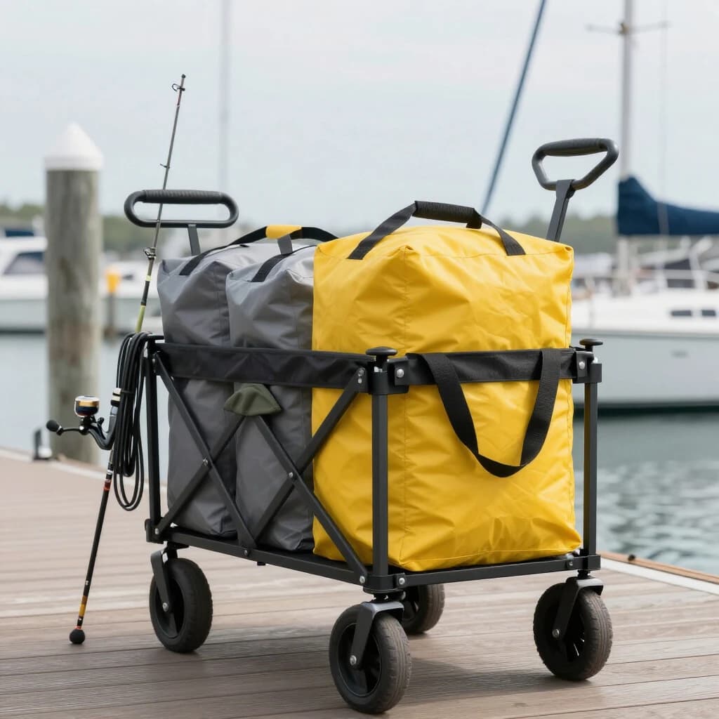 Lifestyle listing photo on a marina dock: a folding dock cart holding three dry bags, the largest yellow and the two smaller ones grey, two fishing rods leaning against the handle, and one coiled dock line hanging from the front rail. Masts blurred behind.
