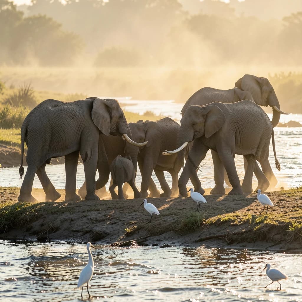 Wildlife photograph for a conservation campaign: a herd crossing a dusty riverbed in low sun. Seven elephants walking left to right, three adults flanking on the outside and two calves tucked between them, one adult trailing at the rear with a broken tusk, and the lead matriarch already up the far bank. Four egrets on the ground, only two of them near the calves. Long shadows, dust haze, nothing written in frame.