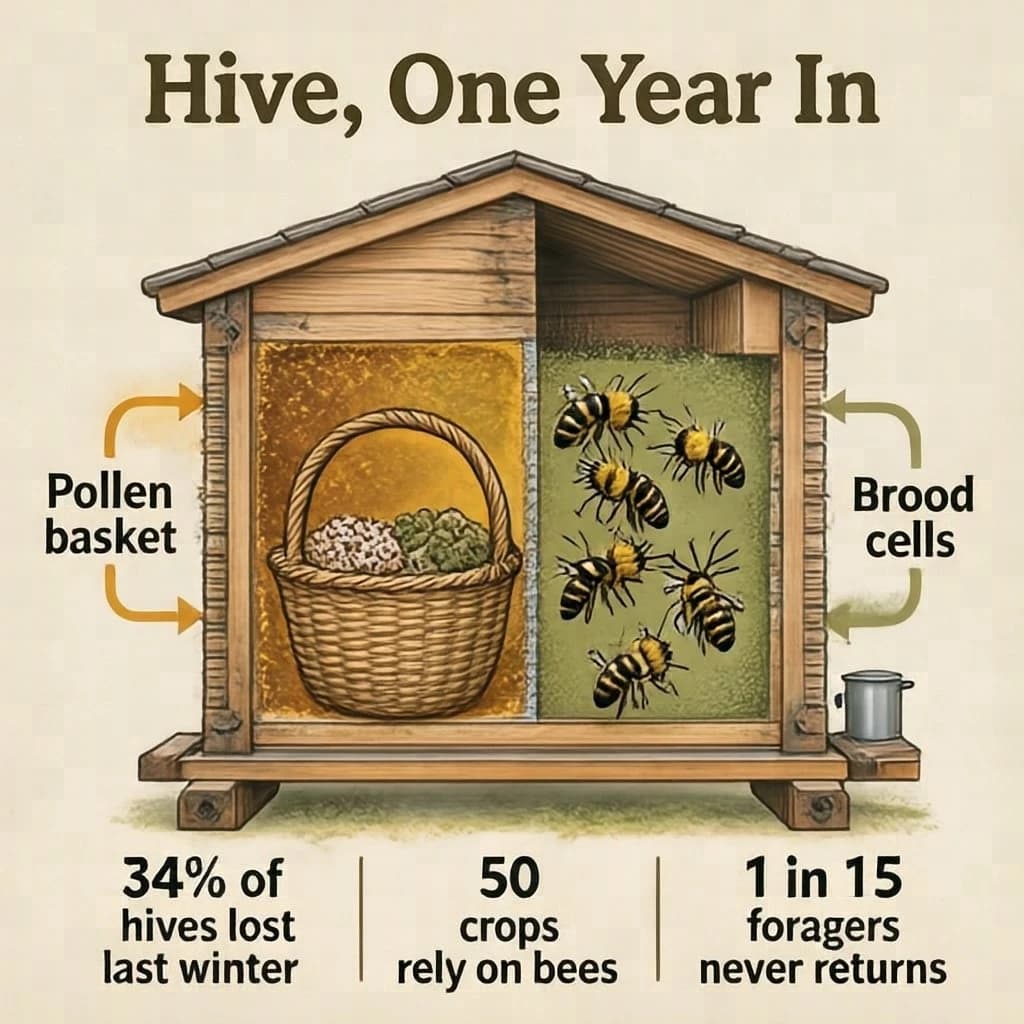 Printed poster titled "Hive, One Year In": at the center a cutaway of a hive frame, carrying two keyed regions, "Pollen basket" shaded amber and "Brood cells" shaded olive, beside a bottom row of three stat chips reading "34% of hives lost last winter", "50 crops rely on bees" and "1 in 15 foragers never returns".