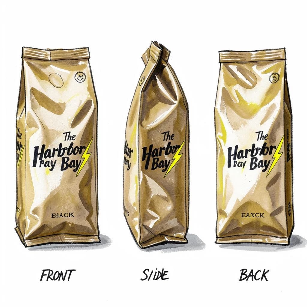 Gouache painting of the same coffee bag drawn in three views, captioned "front", "side" and "back", every view carrying the wordmark "The Harbor Bay" with a lightning-bolt symbol beside it in the same black-and-yellow coloring, only the angle changing.