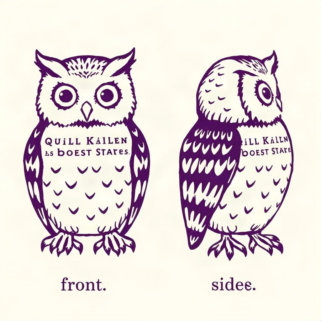 Linocut print: one bookstore owl mascot in two views. The views are captioned "front" and "side" in that order. The wordmark "Quill Kiln" appears on every view with a paw mark beside it. The purple-and-white coloring is the same across every view, and only the angle changes.