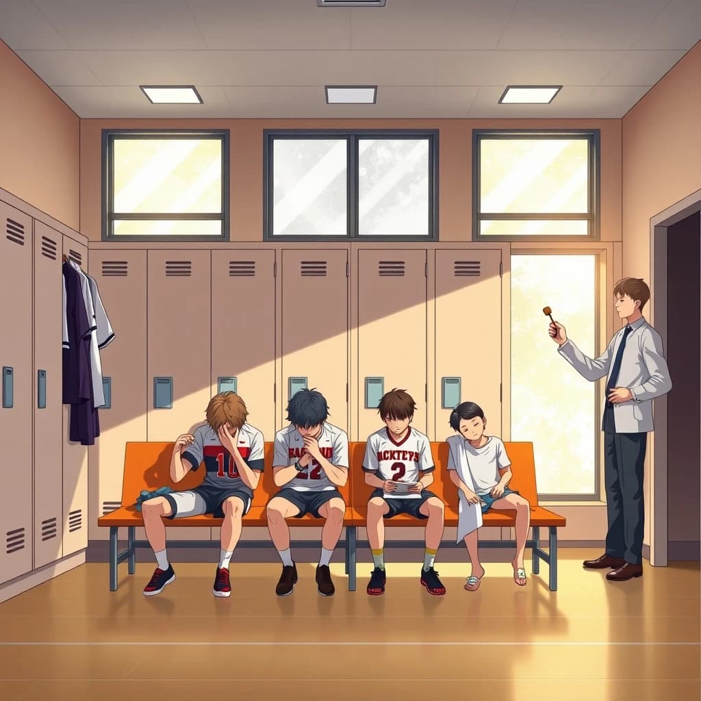 Modern anime interior for a high school volleyball series, wide view down a team locker room after practice. Eight lockers along the back wall in two banks of four, the three on the far left hanging open with jerseys spilling out and the rest shut. Four players occupy the foreground bench: the setter re-taping two fingers, the libero pulling on a knee sleeve, the captain reading a clipboard, and a first year asleep sitting upright with a towel over his face. A coach stands in the right doorway holding a whistle, half in shadow. Warm late-sun bars fall through high frosted windows, cel shading, clean bold linework.