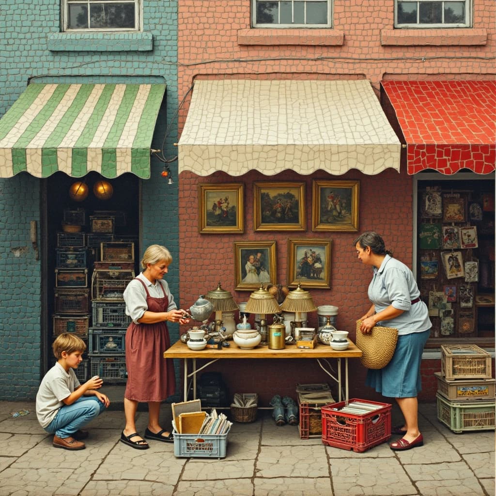 Glass tile mosaic of a Sunday flea market seen from a slightly raised angle, small square tesserae and warm terracotta grout. Three stall awnings in a row: the left one striped green and white over stacked vinyl crates, the middle plain canvas over six brass lamps with only the two tallest wearing shades, the right red awning hung with nine framed pictures in three rows of three. Under the middle awning a vendor in an apron hands a teapot across the table to a woman holding a straw basket, while a boy crouches at her feet by a crate of records. No lettering anywhere.