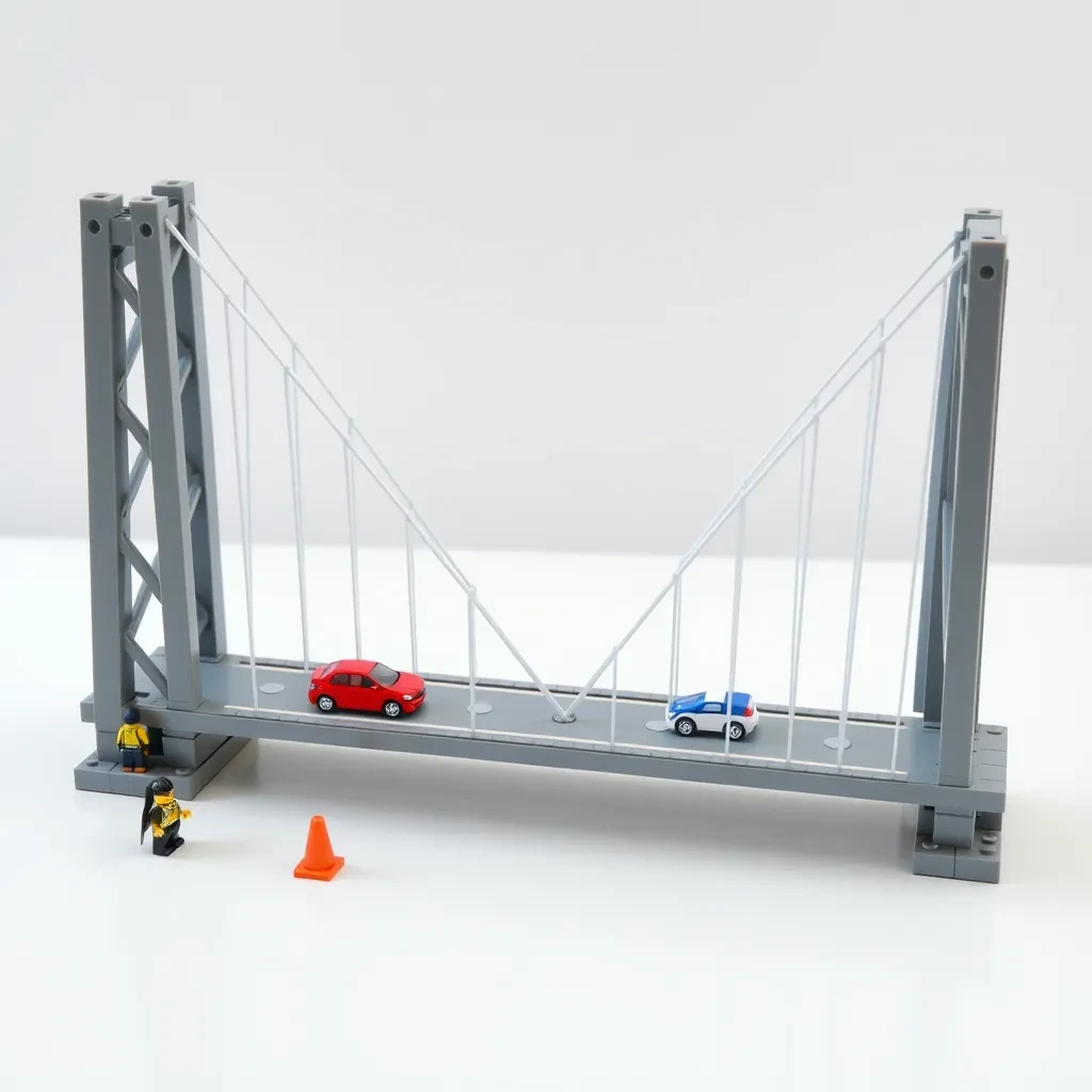 Product photograph of a plastic brick model of a suspension bridge on a white table, shot from a low three-quarter angle. Two grey towers, each with three cross braces between its legs, carry cables that sweep down to the deck with eight vertical hangers per span. The deck is two lanes wide with four small cars on it: two red in the near lane, one blue and one white in the far lane. A single figure in a yellow vest stands at the left tower base beside two orange cones. Soft even light, crisp stud edges, no printed logos anywhere.