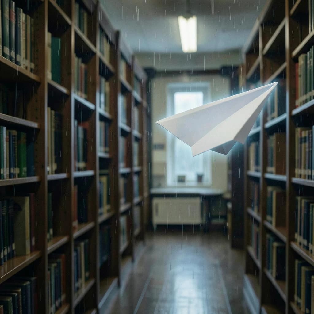 The quiet second when a paper airplane picks up a soft edge highlight, in a quiet library, after a light rain shower.