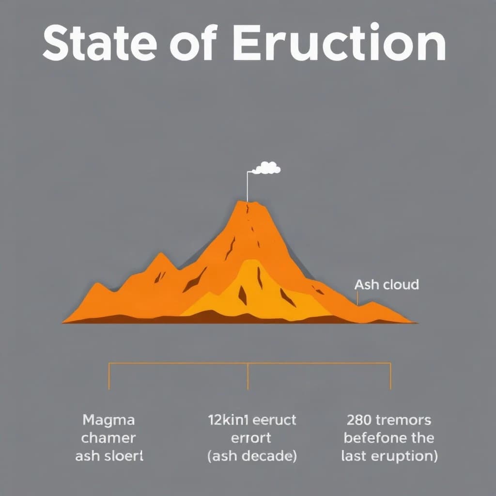 Flat infographic titled "State of Eruption". A simplified hazard map of the slopes sits at the center, carrying two keyed regions, "Magma chamber" shaded orange and "Ash cloud" shaded gray. Three stat chips run down a bottom row, reading "12km ash column", "1 in 11 erupt each decade" and "280 tremors before the last eruption". Each key color matches the shading of the region it names.