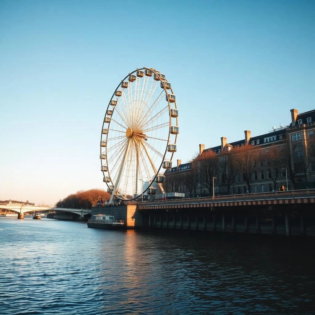 A ferris wheel dulled by a thin layer of dust beside a quiet river, under a clear blue sky, wide-angle perspective, photorealistic style.