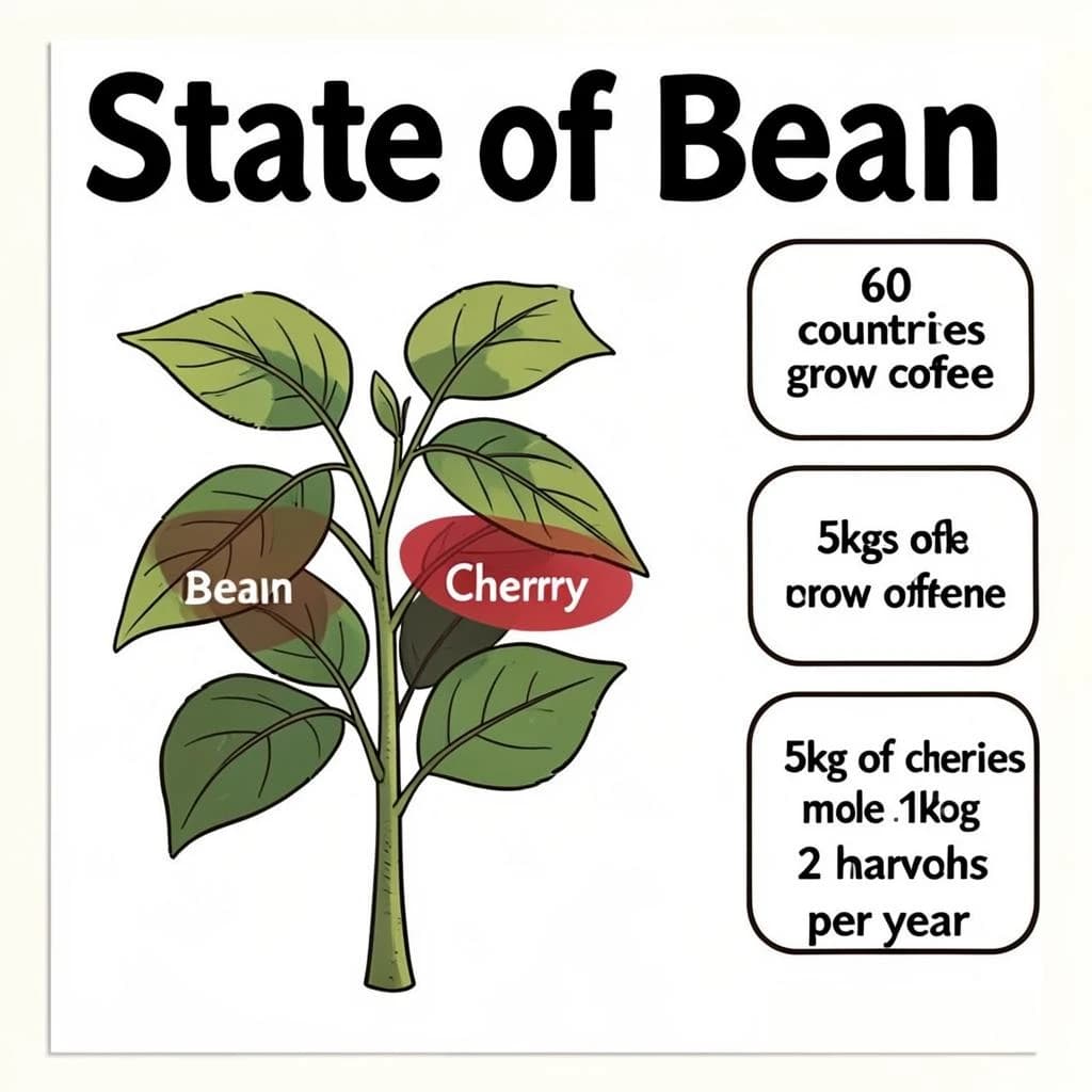 Printed poster titled "State of Bean": at the center a labeled coffee-plant diagram, carrying three keyed regions, "Bean" shaded brown, "Cherry" shaded red and "Leaf" shaded green, beside a right column of three stat chips reading "60 countries grow coffee", "5kg of cherries make 1kg of beans" and "2 harvests per year".