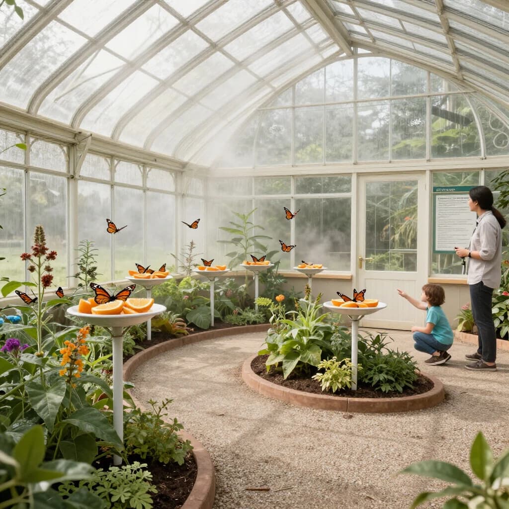 Interior render of a glasshouse butterfly conservatory, white cast iron arches and misted glass, humid morning light.
A raised planting bed spirals through the centre with a gravel path running around it. Five feeding stations on slim posts stand along the path, each holding a shallow dish of orange slices: monarch butterflies cluster on three of the dishes while two are untouched. Seven more monarchs rest on the milkweed in the bed and two are in flight above the path. Three visitors in the room, a child crouching at the nearest feeding station, an adult behind her pointing upward, and a guide standing at the far end beside an information board. Fine mist drifting near the roof vents. Physically based render.
