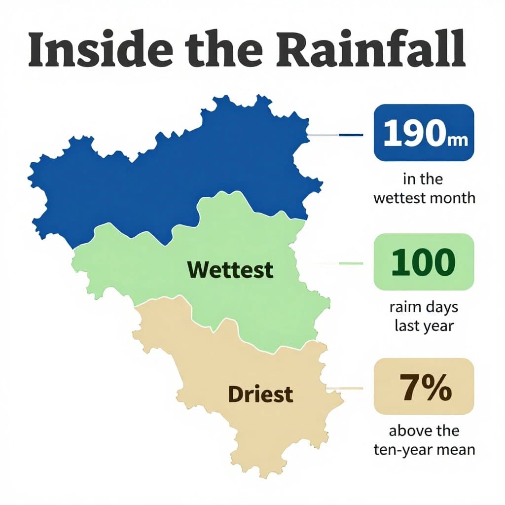 Printed poster titled "Inside the Rainfall". A simplified regional map with shaded bands sits at the center, carrying three keyed regions, "Wettest" shaded dark blue, "Average" shaded pale green and "Driest" shaded sand. Three stat chips run down a right column, reading "190mm in the wettest month", "100 rain days last year" and "7% above the ten-year mean". Each key color matches the shading of the region it names.