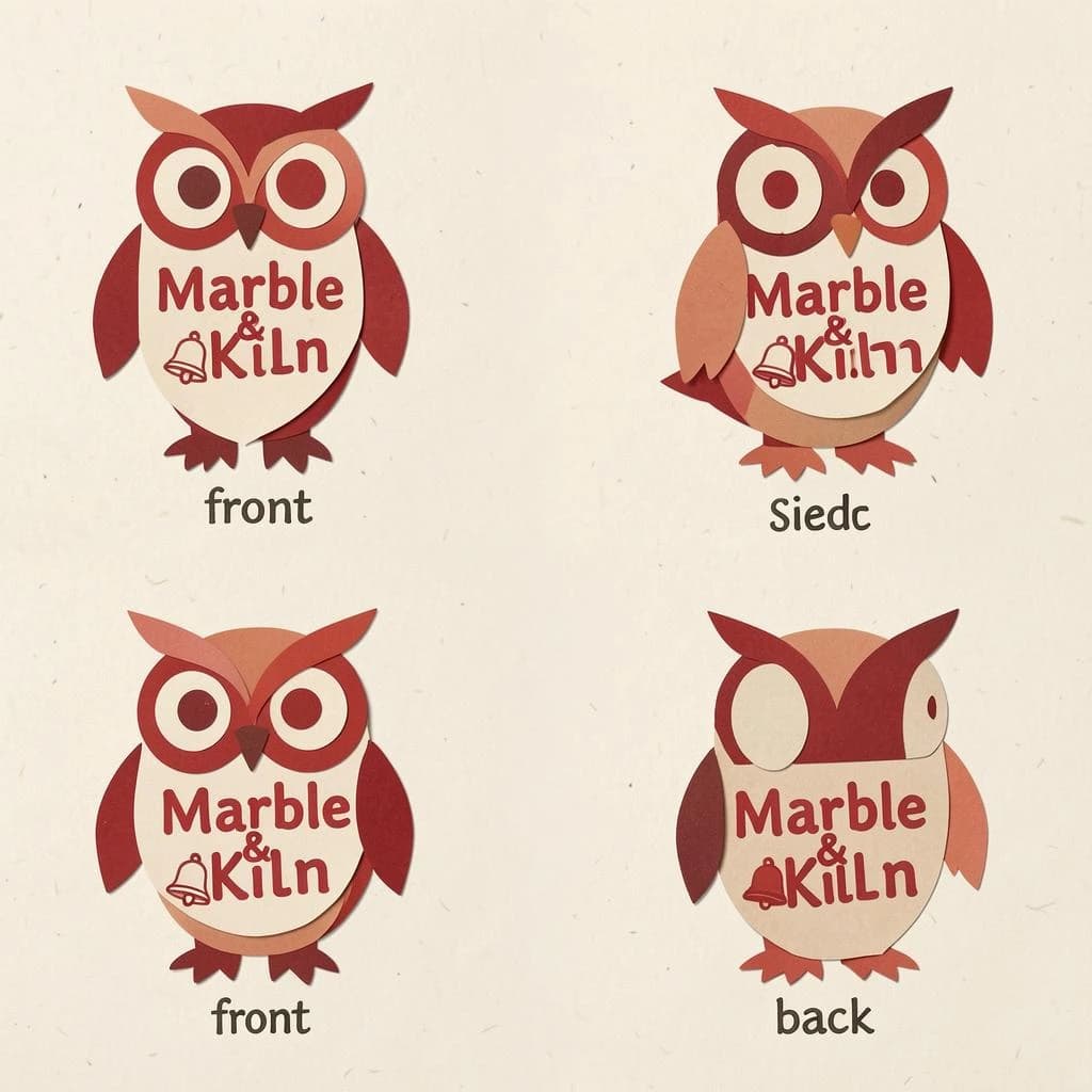 Cut-paper collage of the same bookstore owl mascot drawn in three views, captioned "front", "side" and "back", every view carrying the wordmark "Marble & Kiln" with a small bell outline beside it in the same red-and-cream coloring, only the angle changing.