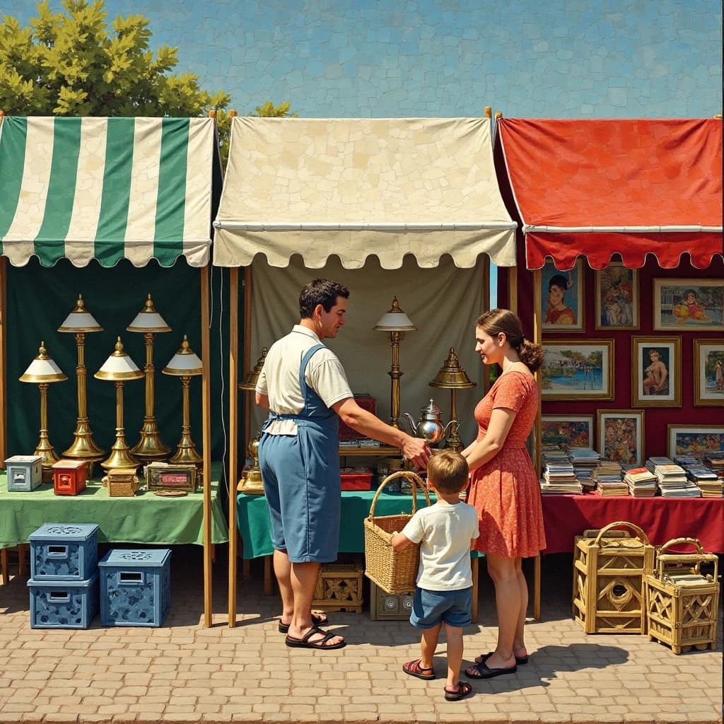 Glass tile mosaic of a Sunday flea market seen from a slightly raised angle, small square tesserae and warm terracotta grout. Three stall awnings in a row: the left one striped green and white over stacked vinyl crates, the middle plain canvas over six brass lamps with only the two tallest wearing shades, the right red awning hung with nine framed pictures in three rows of three. Under the middle awning a vendor in an apron hands a teapot across the table to a woman holding a straw basket, while a boy crouches at her feet by a crate of records. No lettering anywhere.