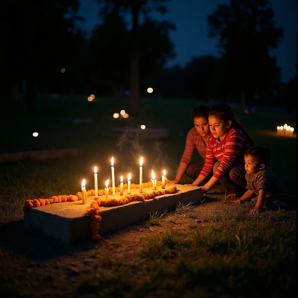 Photojournalism frame from a cemetery vigil at night: one grave slab carrying seven marigold garlands and nine lit candles, three of the candles guttered out and smoking, a grandmother and two children kneeling along the near edge.
